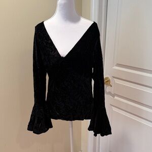 Lapis Vintage Fancy Black V-Neck Velvet Blouse with Bell Sleeves